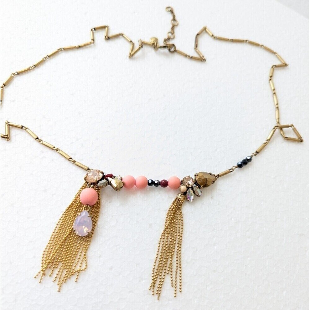 J CREW Necklace Womens 35" Gold Tone Dangle‎ Fringe Pink Opal Unique Boho Office